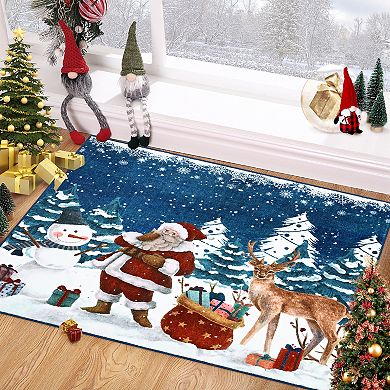 Christmas Santa Claus Rug Machine Washable Non-Slip Faux Wool Low Pile Carpet Living Room Kitchen