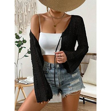 Women's Tie Front Bell Long Sleeve Crop Cardigan Lightweight Scalloped Knit Beach Vacation Tops