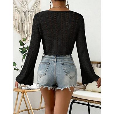 Women's Tie Front Bell Long Sleeve Crop Cardigan Lightweight Scalloped Knit Beach Vacation Tops