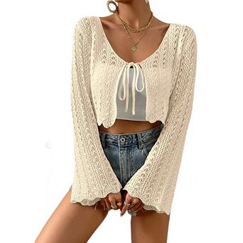 Women's Tie Front Bell Long Sleeve Crop Cardigan Lightweight Scalloped Knit Beach Vacation Tops