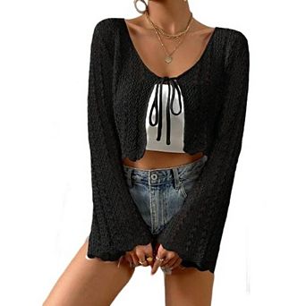 Women's Tie Front Bell Long Sleeve Crop Cardigan Lightweight Scalloped Knit Beach Vacation Tops