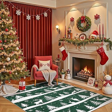 Christmas Rugs with Xmas Tree Reindeer Snowflake for Holiday Decor, Non Slip Low Pile Washable Rug