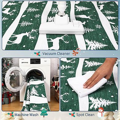Christmas Rugs with Xmas Tree Reindeer Snowflake for Holiday Decor, Non Slip Low Pile Washable Rug