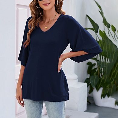 Seoria Women's Bell Sleeve Blouse, 3/4 Sleeve Loose V Neck Tops for Women Dressy Casual Shirt