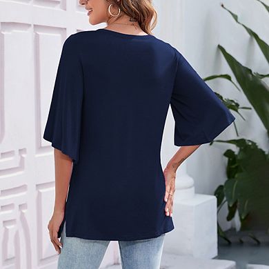 Seoria Women's Bell Sleeve Blouse, 3/4 Sleeve Loose V Neck Tops for Women Dressy Casual Shirt