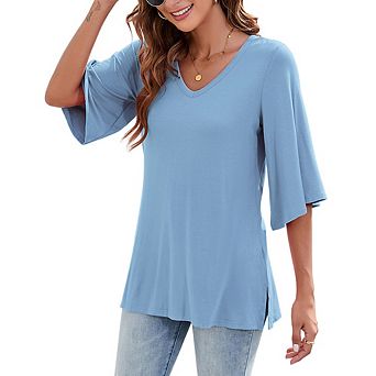 Seoria Women's Bell Sleeve Blouse, 3/4 Sleeve Loose V Neck Tops for Women Dressy Casual Shirt