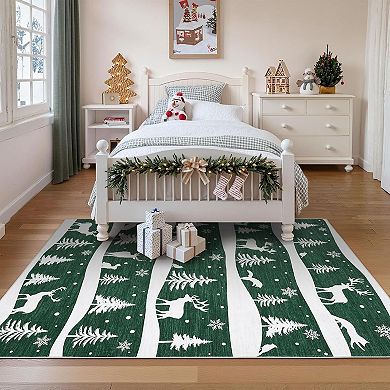 Christmas Rugs with Xmas Tree Reindeer Snowflake for Holiday Decor, Non Slip Low Pile Washable Rug