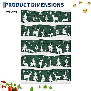 Christmas Rugs with Xmas Tree Reindeer Snowflake for Holiday Decor, Non Slip Low Pile Washable Rug