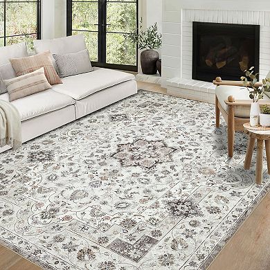 Vintage Boho Area Rug, Machine Washable Non-Slip Low Pile Carpet for Living Room Dining Room