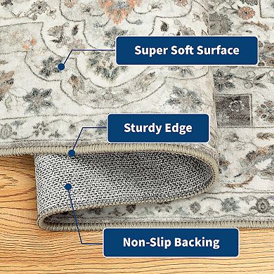 Vintage Boho Area Rug, Machine Washable Non-Slip Low Pile Carpet for Living Room Dining Room