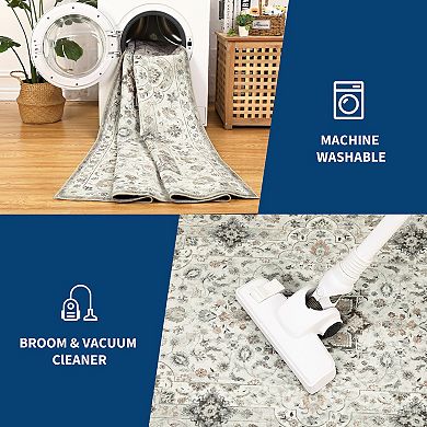 Vintage Boho Area Rug, Machine Washable Non-Slip Low Pile Carpet for Living Room Dining Room