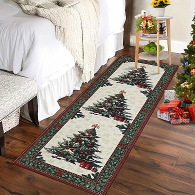 Non-Slip Rubber Backing Christmas Tree Runner, Washable Low Pile Rug for Hallway Kitchen Entrance