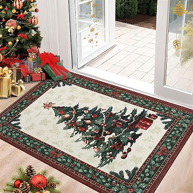 Non-Slip Rubber Backing Christmas Tree Runner, Washable Low Pile Rug for Hallway Kitchen Entrance