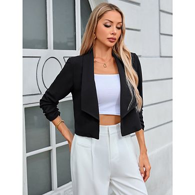 Women's Notched Lapel Ruched Sleeve Jackets Business Cropped Blazer