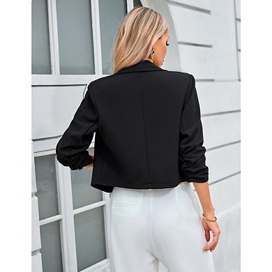 Women's Notched Lapel Ruched Sleeve Jackets Business Cropped Blazer