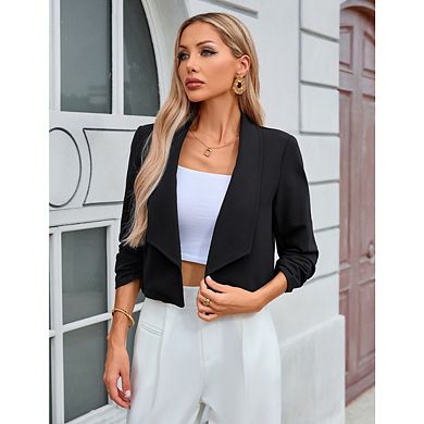 Women's Notched Lapel Ruched Sleeve Jackets Business Cropped Blazer