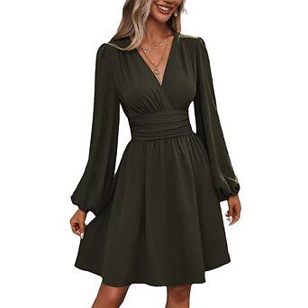 Womens Elegant Dress V Neck Long Sleeve High Waist Swing Prom Wedding Guest Cocktail Short Dresses