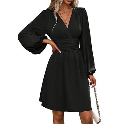 Womens Elegant Dress V Neck Long Sleeve High Waist Swing Prom Wedding Guest Cocktail  Short Dresses