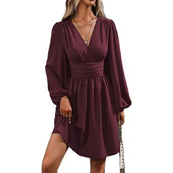 Womens Elegant Dress V Neck Long Sleeve High Waist Swing Prom Wedding Guest Cocktail Short Dresses