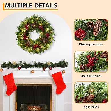 Pre-Lit Christmas Wreath 22 Inch Battery Powered - Outdoor Waterproof LED Wreath