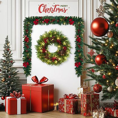 Pre-Lit Christmas Wreath 22 Inch Battery Powered - Outdoor Waterproof LED Wreath