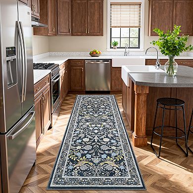Washable Vintage Floral Print Area Rug Non Slip Low Pile Floor Rug for Boho Farmhouse Modern Home