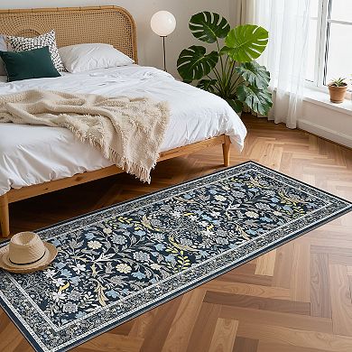 Washable Vintage Floral Print Area Rug Non Slip Low Pile Floor Rug for Boho Farmhouse Modern Home