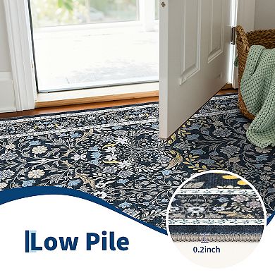Washable Vintage Floral Print Area Rug Non Slip Low Pile Floor Rug for Boho Farmhouse Modern Home