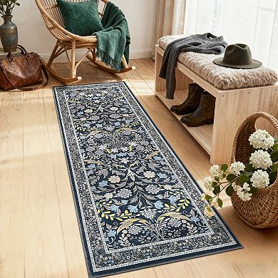 Washable Vintage Floral Print Area Rug Non Slip Low Pile Floor Rug for Boho Farmhouse Modern Home