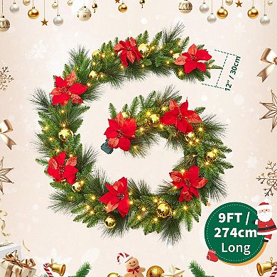 9FT Pre-Lit Christmas Garland with Warm White LED Lights, for Staircase Mantle Indoor Outdoor