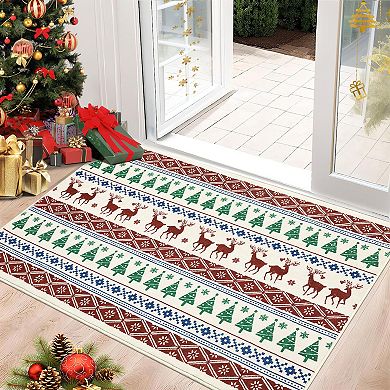 Christmas Hallway Runner Rug 2x6, Multicolor Snowflake Washable Non-Slip Low Pile Boho Carpet