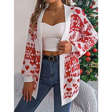 Womens Christmas Casual Elk Snowflake Cardigan Long Sleeve Loose Fit Open Front Cardigan Sweaters