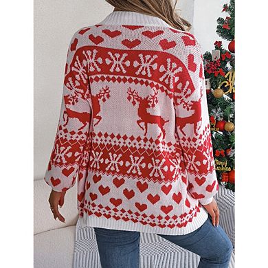 Womens Christmas Casual Elk Snowflake Cardigan Long Sleeve Loose Fit Open Front Cardigan Sweaters