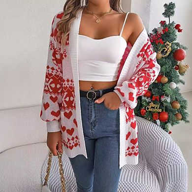 Womens Christmas Casual Elk Snowflake Cardigan Long Sleeve Loose Fit Open Front Cardigan Sweaters