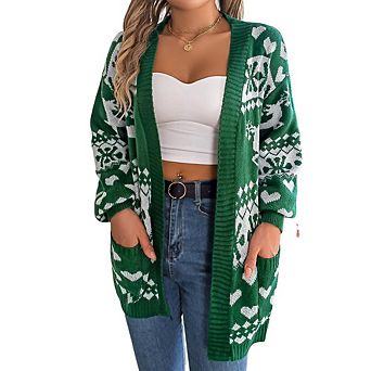 Womens Christmas Casual Elk Snowflake Cardigan Long Sleeve Loose Fit Open Front Cardigan Sweaters