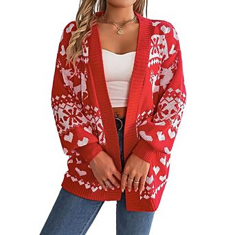 Womens Christmas Casual Elk Snowflake Cardigan Long Sleeve Loose Fit Open Front Cardigan Sweaters