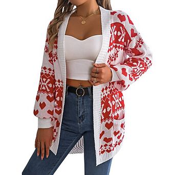 Womens Christmas Casual Elk Snowflake Cardigan Long Sleeve Loose Fit Open Front Cardigan Sweaters