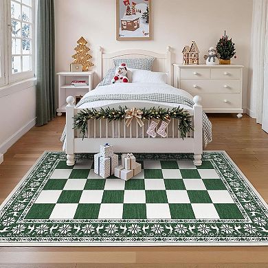 Washable Rug for Christmas Decor, Non Slip Carpet, Checkered Soft Low Pile Christmas Rug for Bedroom