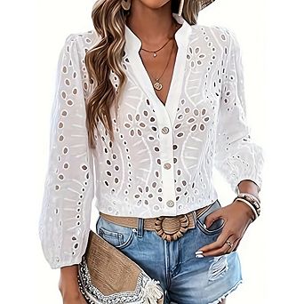 Women's Casual Blouse Puff Long Sleeve Button V Neck Hollow Out Eyelet Lace Embroidered Shirt Dressy