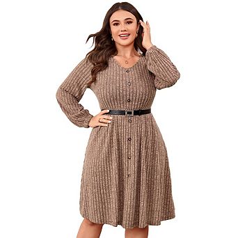 Women's Plus Size Casual Sweater Dress Lantern Long Sleeve V Neck Midi Dress With Belt