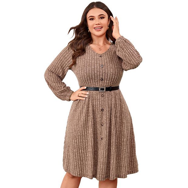 Women's V Neck Bell Sleeve Sweater Dress with Belt Casual Button Down Belted Knit Tunic Dress Wine Red 5XL