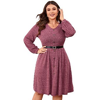 Women's Plus Size Casual Sweater Dress Lantern Long Sleeve V Neck Midi Dress With Belt