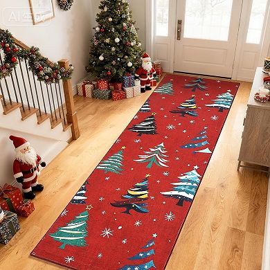 Christmas Rugs with Tree Pattern for Holiday Decor, Non Slip Low Pile Washable Rug for Dining Room