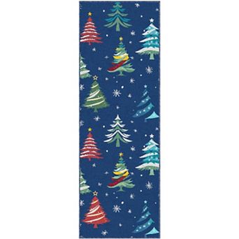 Christmas Rugs with Tree Pattern for Holiday Decor, Non Slip Low Pile Washable Rug for Dining Room
