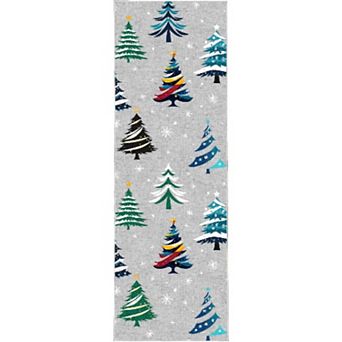 Christmas Rugs with Tree Pattern for Holiday Decor, Non Slip Low Pile Washable Rug for Dining Room