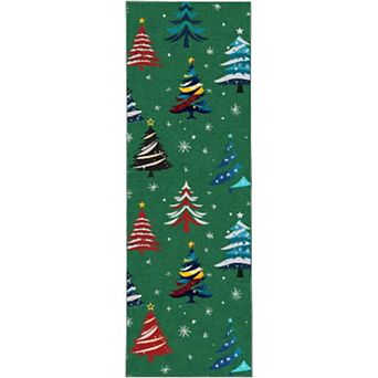 Christmas Rugs with Tree Pattern for Holiday Decor, Non Slip Low Pile Washable Rug for Dining Room