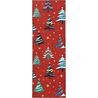 Christmas Rugs with Tree Pattern for Holiday Decor, Non Slip Low Pile Washable Rug for Dining Room