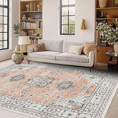Floral Print Area Rug Washable Non-Slip, Vintage Style Carpet for Living Room Bedroom Indoor