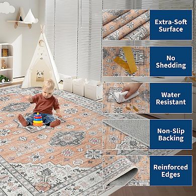 Floral Print Area Rug Washable Non-Slip, Vintage Style Carpet for Living Room Bedroom Indoor