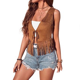 Women Tassel Fringe Vest 70s Hippie Vest Sleeveless Cowgirl Western Faux Suede Tassel Leather Jacket